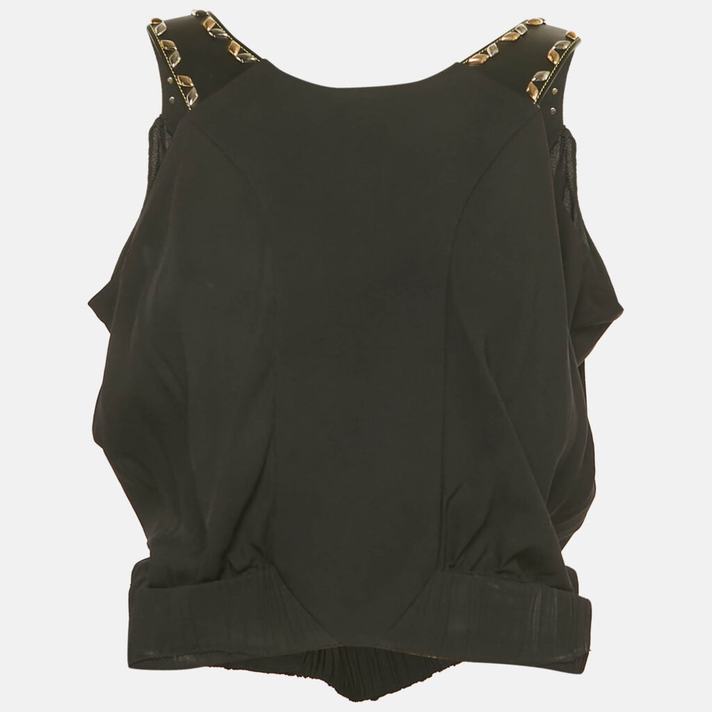 Louis Vuitton Black Crepe Leather and Stud Detail Sleeveless Top M