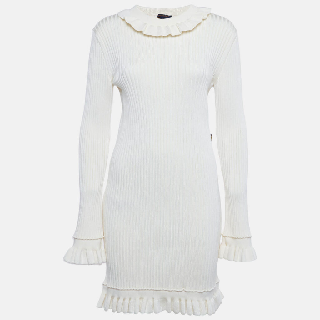 Louis Vuitton Ivory Rib Knit Ruffled Mini Dress XL Louis Vuitton Ivory Rib Knit Ruffled Mini Dress XL