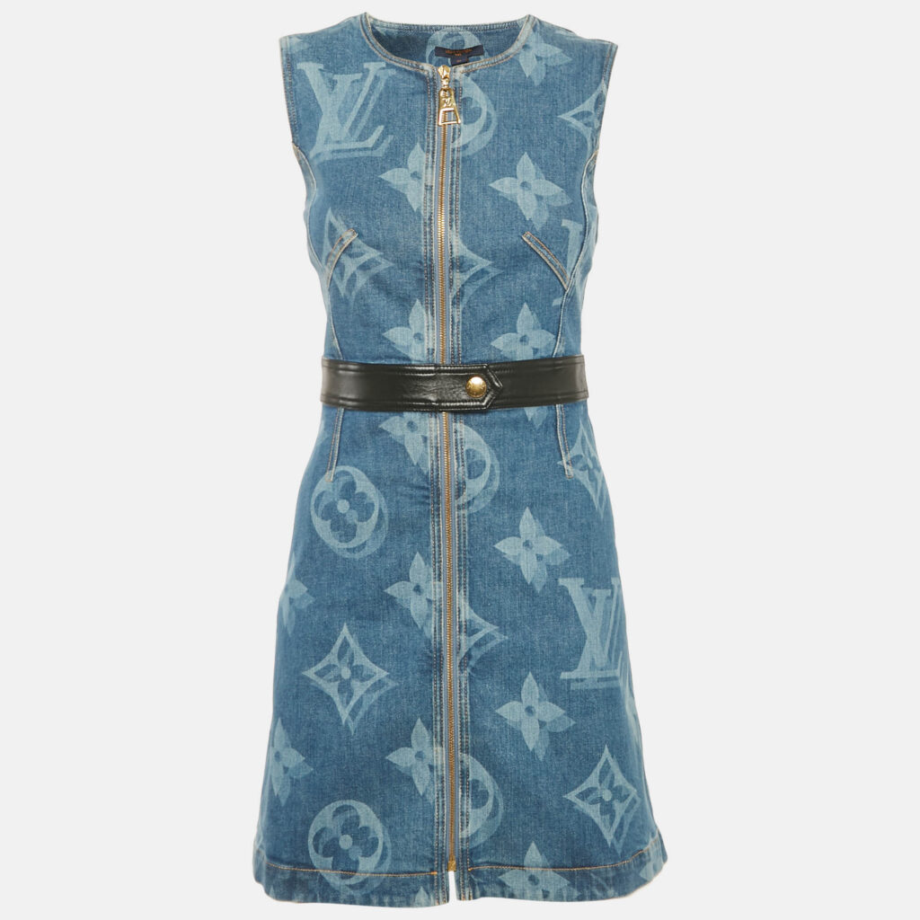Louis Vuitton Blue Logo Print Denim Mini Dress S