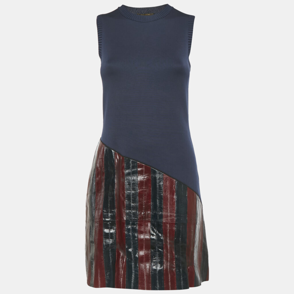 Louis Vuitton Navy Blue Leather Trim Mini Dress S Louis Vuitton Navy Blue Leather Trim Mini Dress S