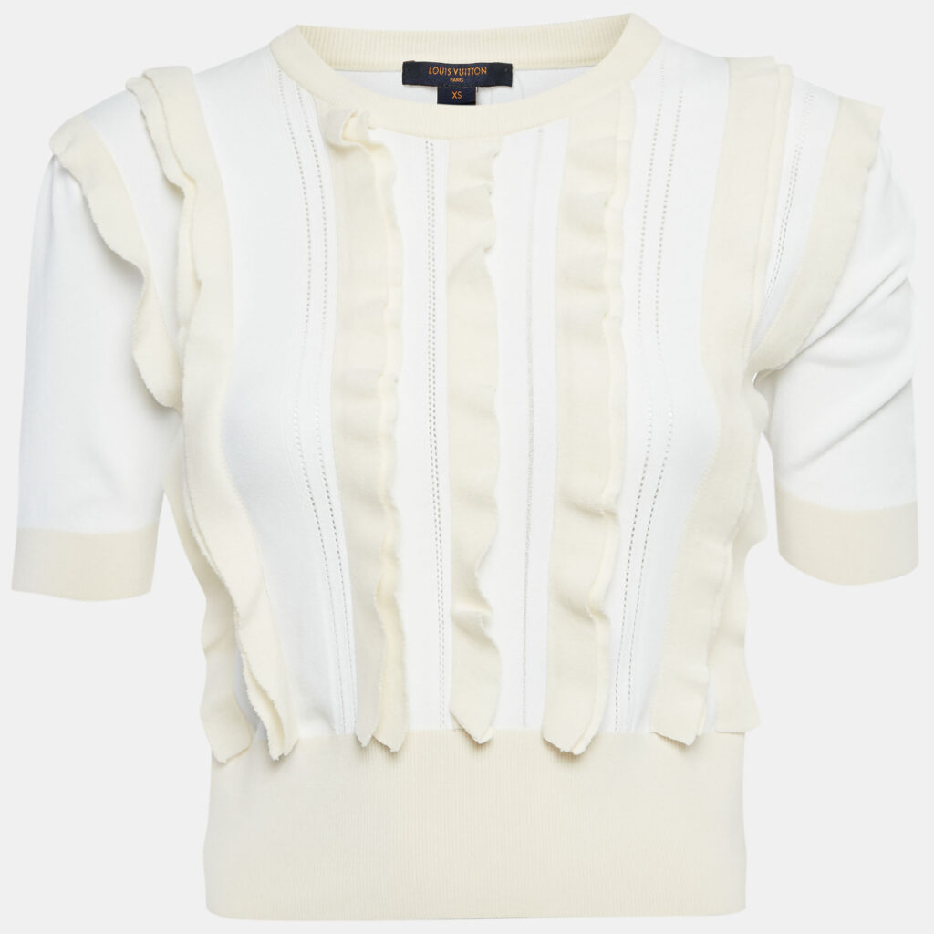 Louis Vuitton White /Cream Knit Ruffled Top XS