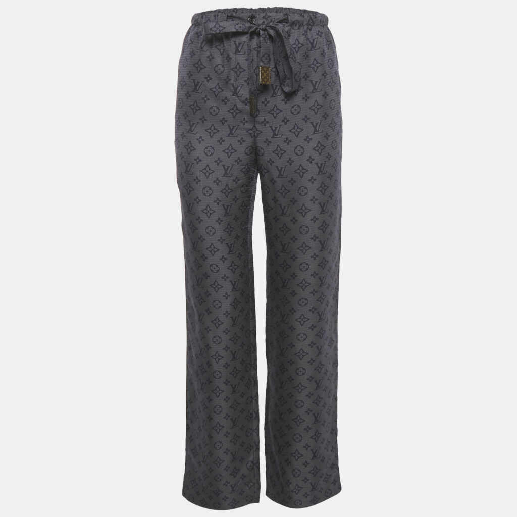 Louis Vuitton Navy Blue Logo Printed Silk Pants S