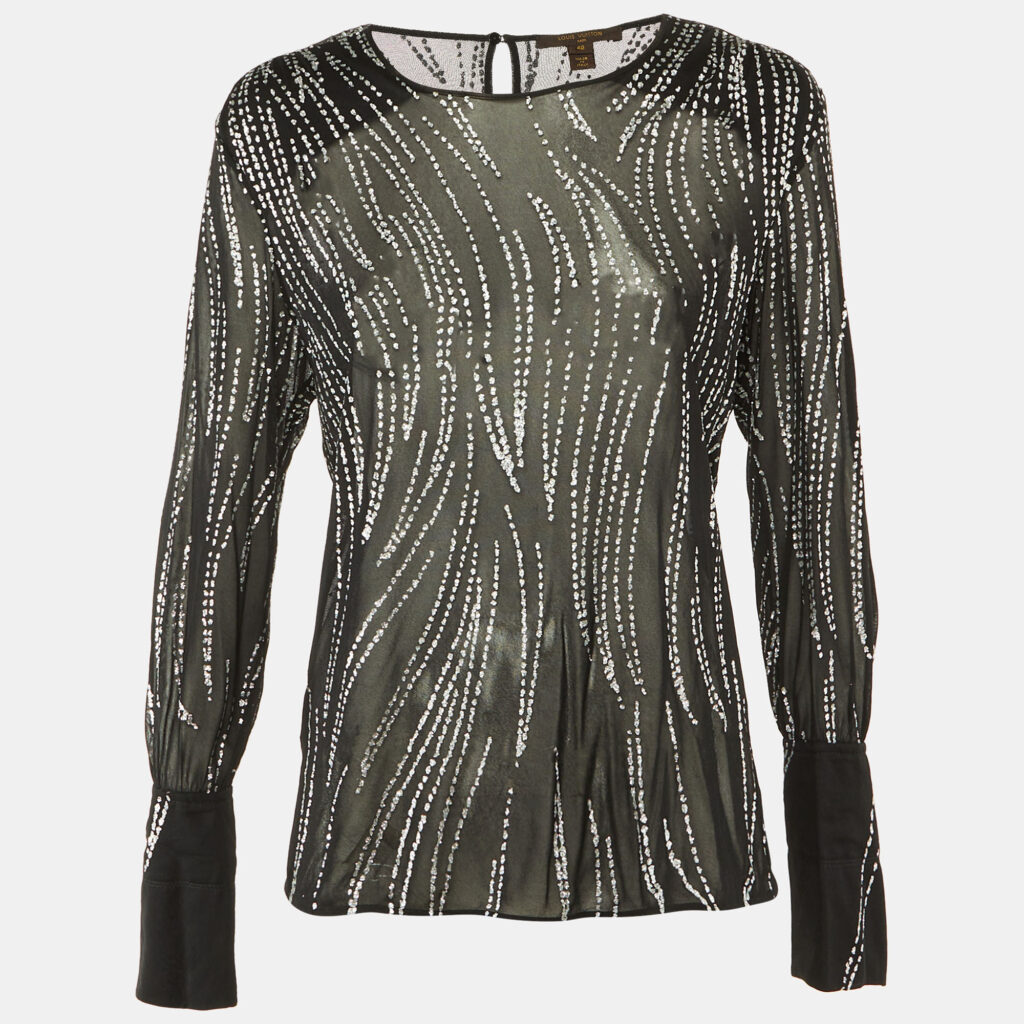 Louis Vuitton Black Glitter Print Mesh Sheer Top L