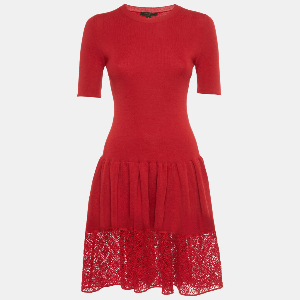 Louis Vuitton Red Wool Lace Trim Mini Dress M