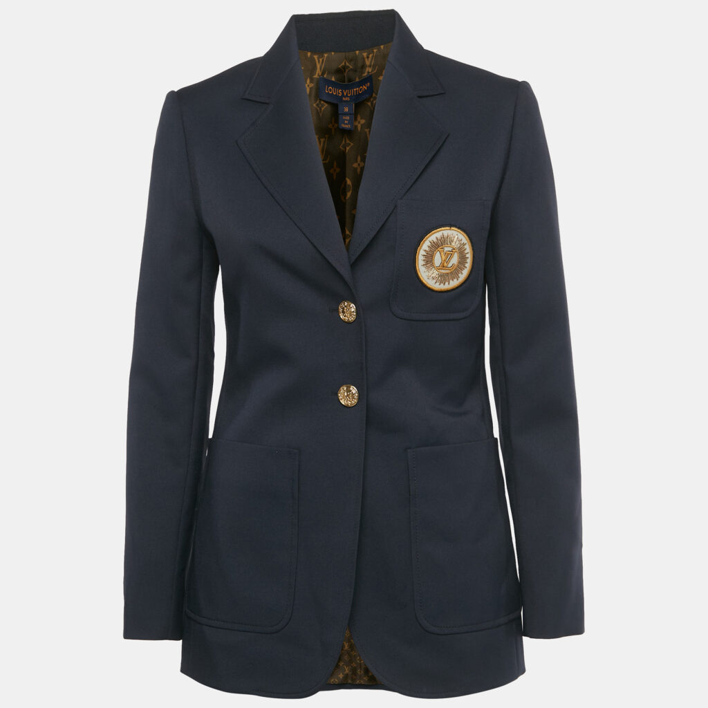 luxury-women-louis-vuitton-used-clothes-p1235071-001-1.jpg Louis Vuitton Navy Blue Crepe LV Patch Preppy Blazer M