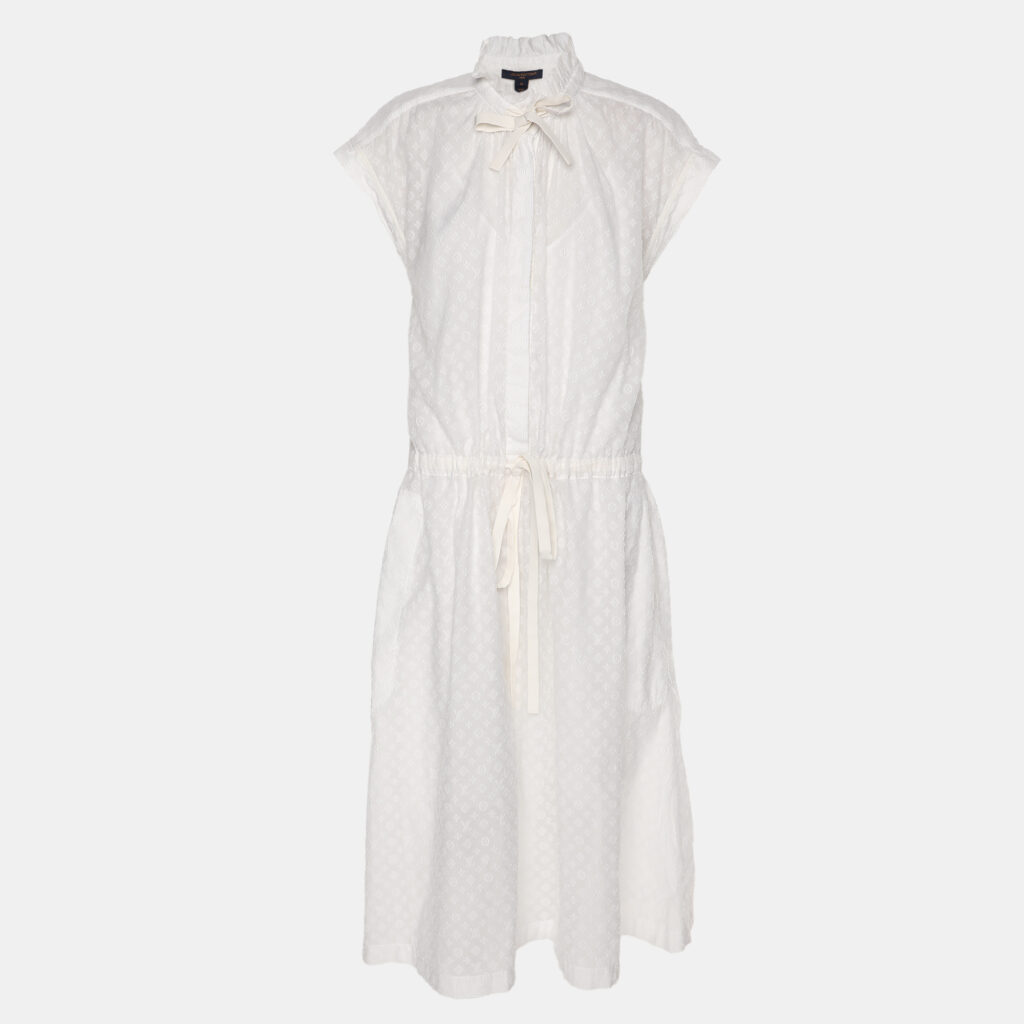 Louis Vuitton White Monogram Fil Coupé Lavaliere Collar Dress L