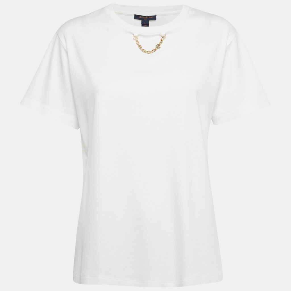Louis Vuitton White Cotton Chain Detail T-Shirt L Louis Vuitton White Cotton Chain Detail T-Shirt L