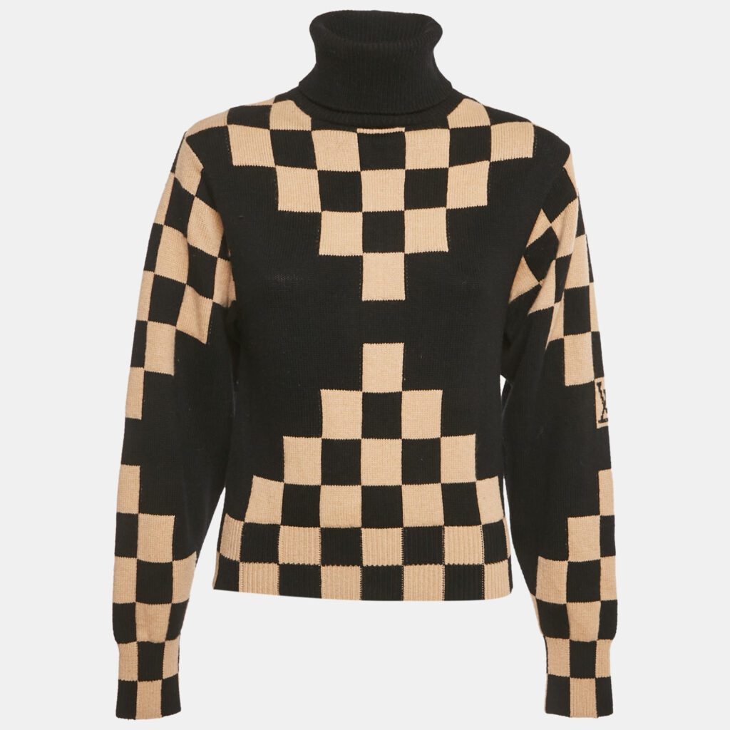 Louis Vuitton Black/Tan Checkered Wool Turtle Neck Sweater XS Louis Vuitton Black/Tan Checkered Wool Turtle Neck Sweater XS