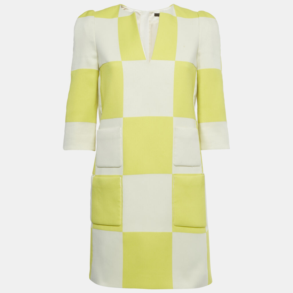 Louis Vuitton White /Yellow Checkered Print Crepe Shift Mini Dress S Louis Vuitton White /Yellow Checkered Print Crepe Shift Mini Dress S