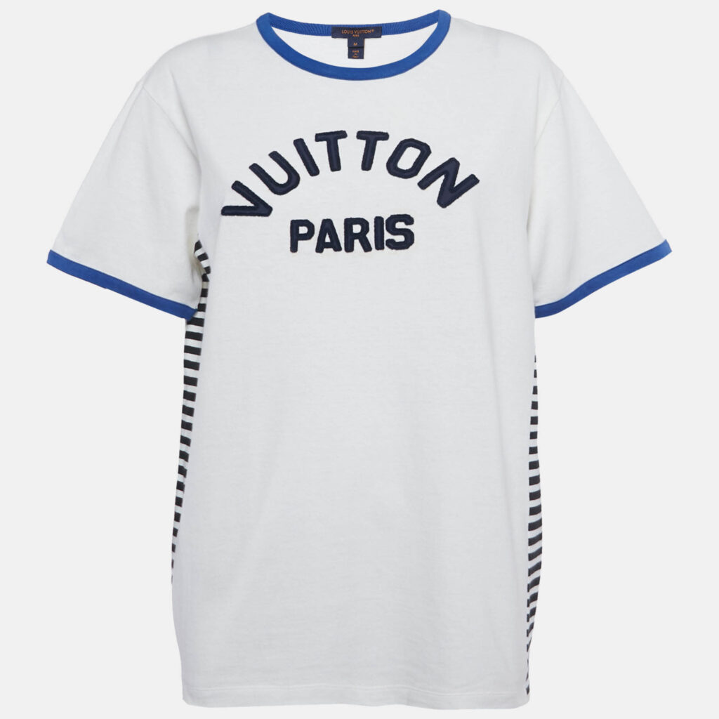 Louis Vuitton White Flocked Logo Cotton Crew Neck T-Shirt M