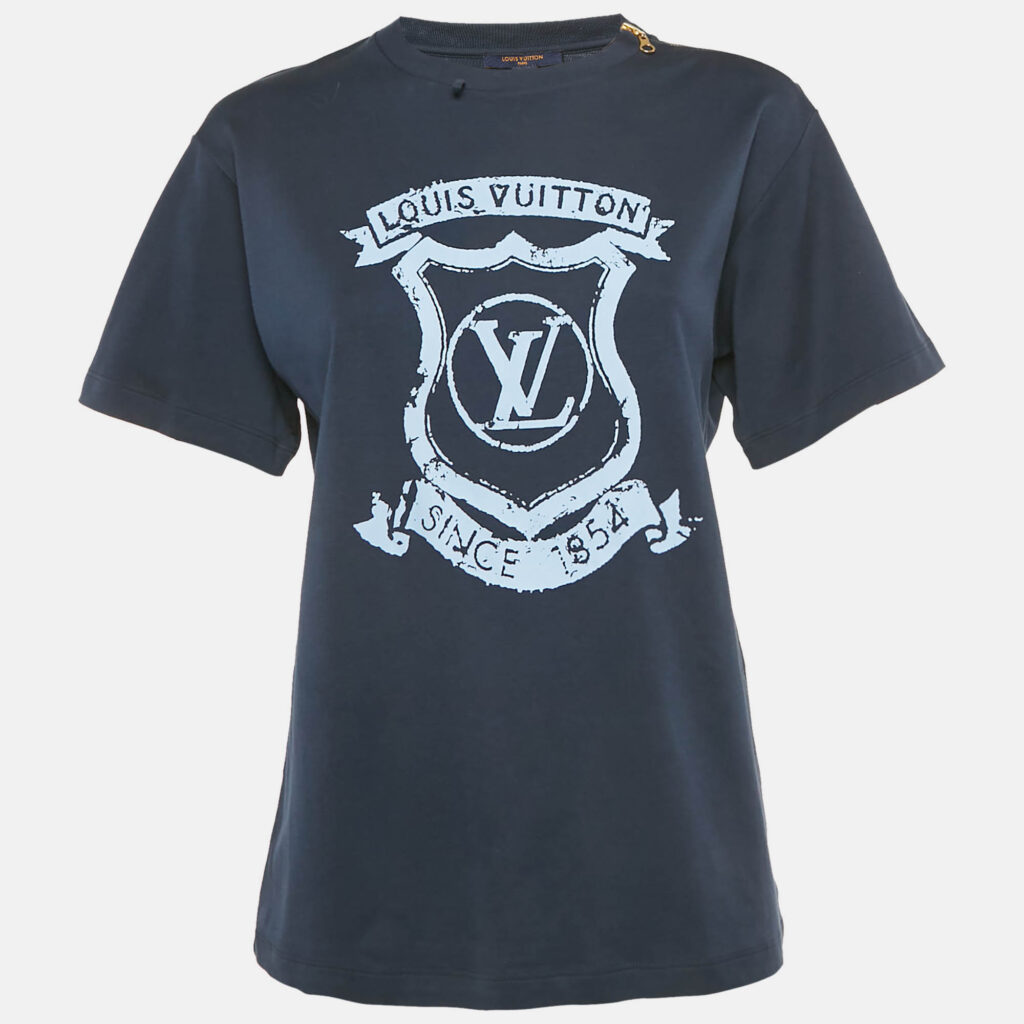 luxury-women-louis-vuitton-used-clothes-p1250551-001-1.jpg Louis Vuitton Navy Blue LV Crest Print Cotton Zipper Detail T-Shirt M