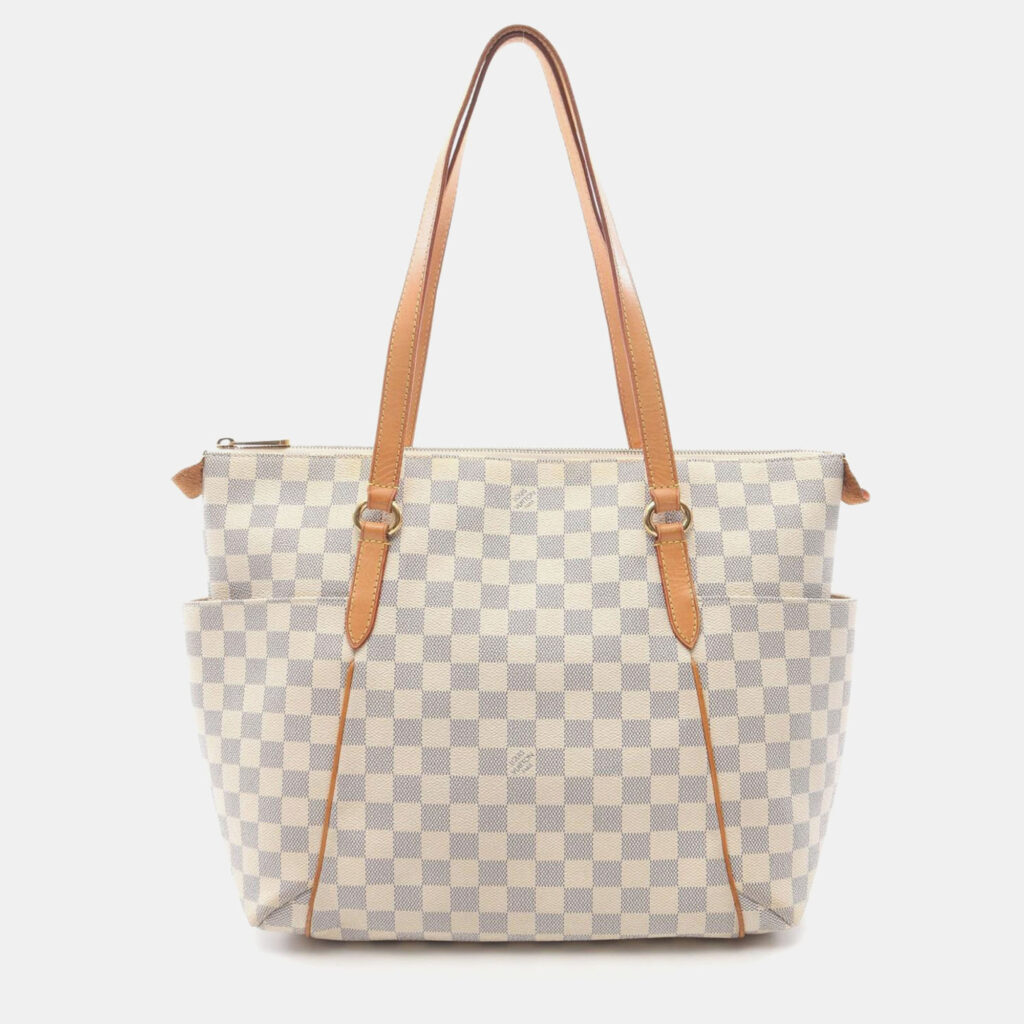 Louis Vuitton Totally MM White Damier Azur Canvas Leather Tote Bag Louis Vuitton Totally MM White Damier Azur Canvas Leather Tote Bag