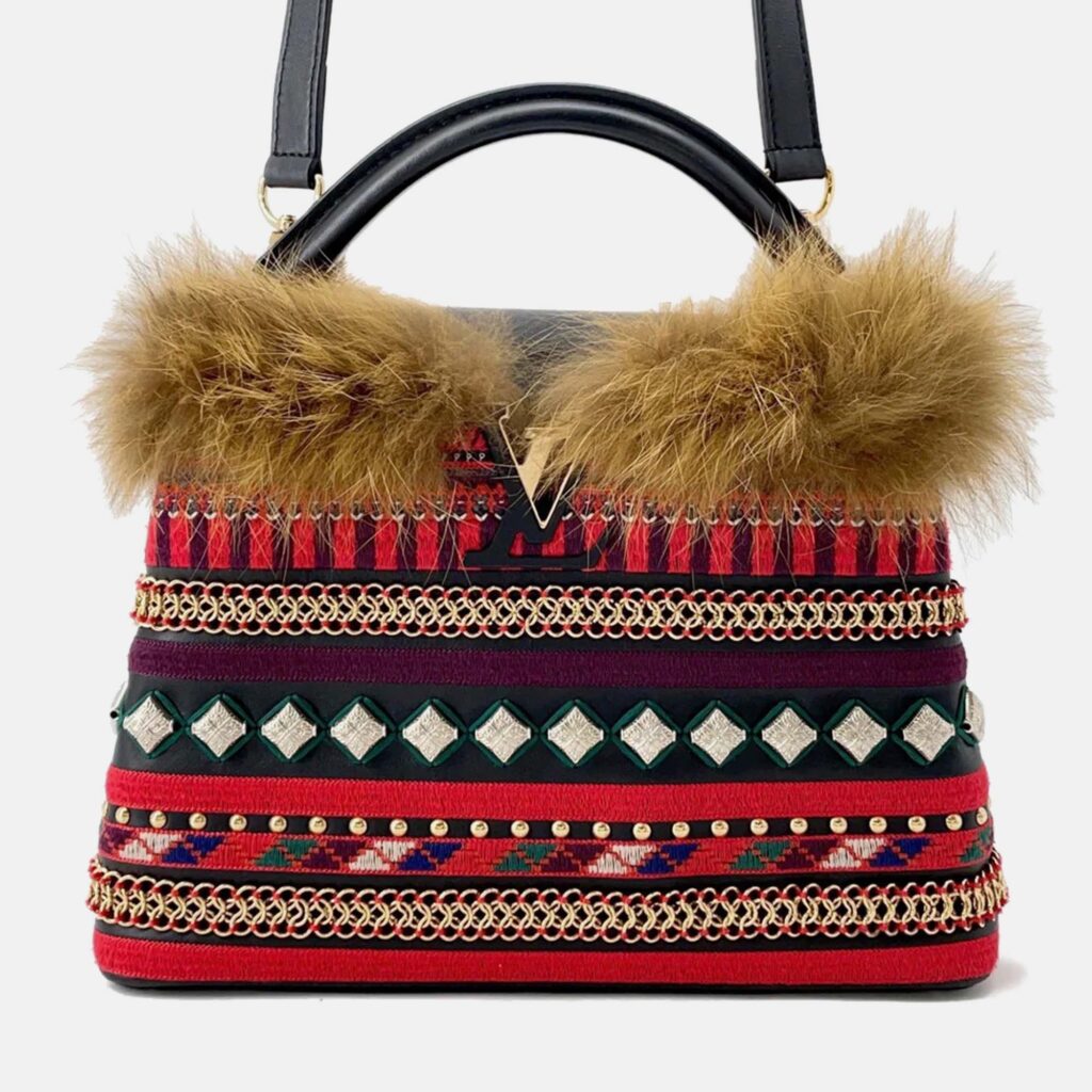 Louis Vuitton Capucines Multicolor Noir Red Leather Fur Top Handle Bag