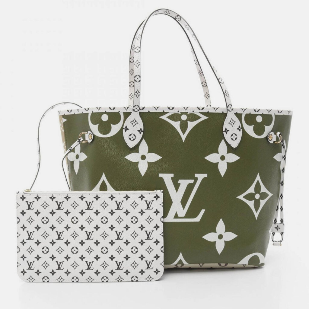 Louis Vuitton Neverfull Mm Tote Bag Coated Canvas Monogram Giant Khaki Beige Multicolor