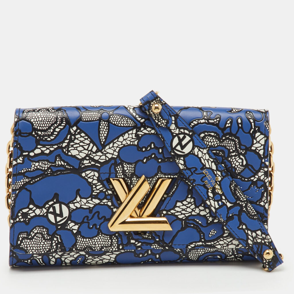 Louis Vuitton Navy Blue Flower Lace Leather Inlay Twist Wallet on Chain Louis Vuitton Navy Blue Flower Lace Leather Inlay Twist Wallet on Chain