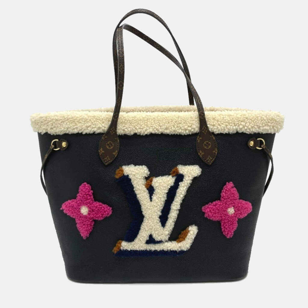 Louis Vuitton Shearling Monogram Flower Lv Initial Neverfull Mm Fluffy Tote Bag In Calf Leather Black Louis Vuitton Shearling Monogram Flower Lv Initial Neverfull Mm Fluffy Tote Bag In Calf Leather Black