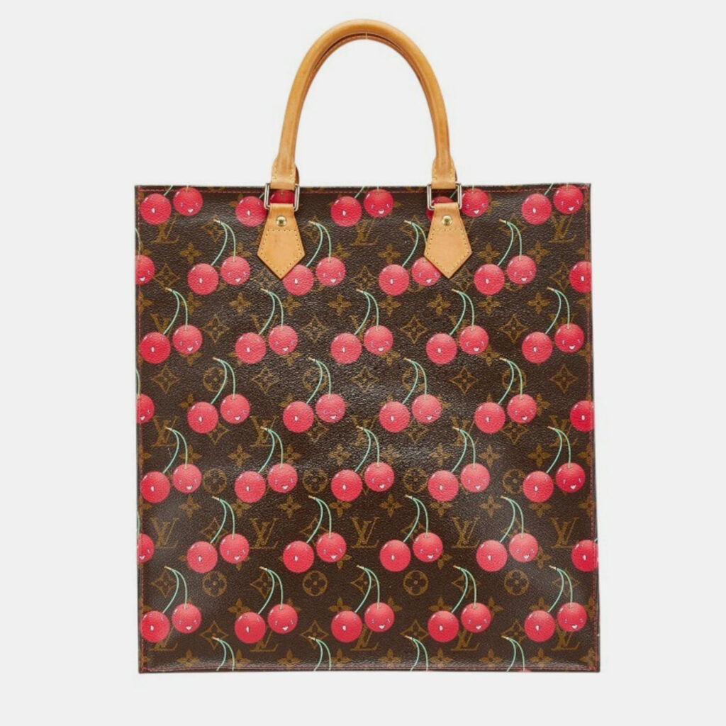 Louis Vuitton X Takashi Murakami Monogram Cherry Sac Plat Tote Bag Brown Leather Louis Vuitton X Takashi Murakami Monogram Cherry Sac Plat Tote Bag Brown Leather