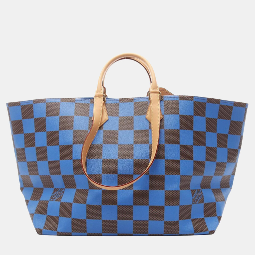 Louis Vuitton Soft Sac Plat EW Damier Pop Brown Blue Coated Canvas Leather Tote Bag Louis Vuitton Soft Sac Plat EW Damier Pop Brown Blue Coated Canvas Leather Tote Bag