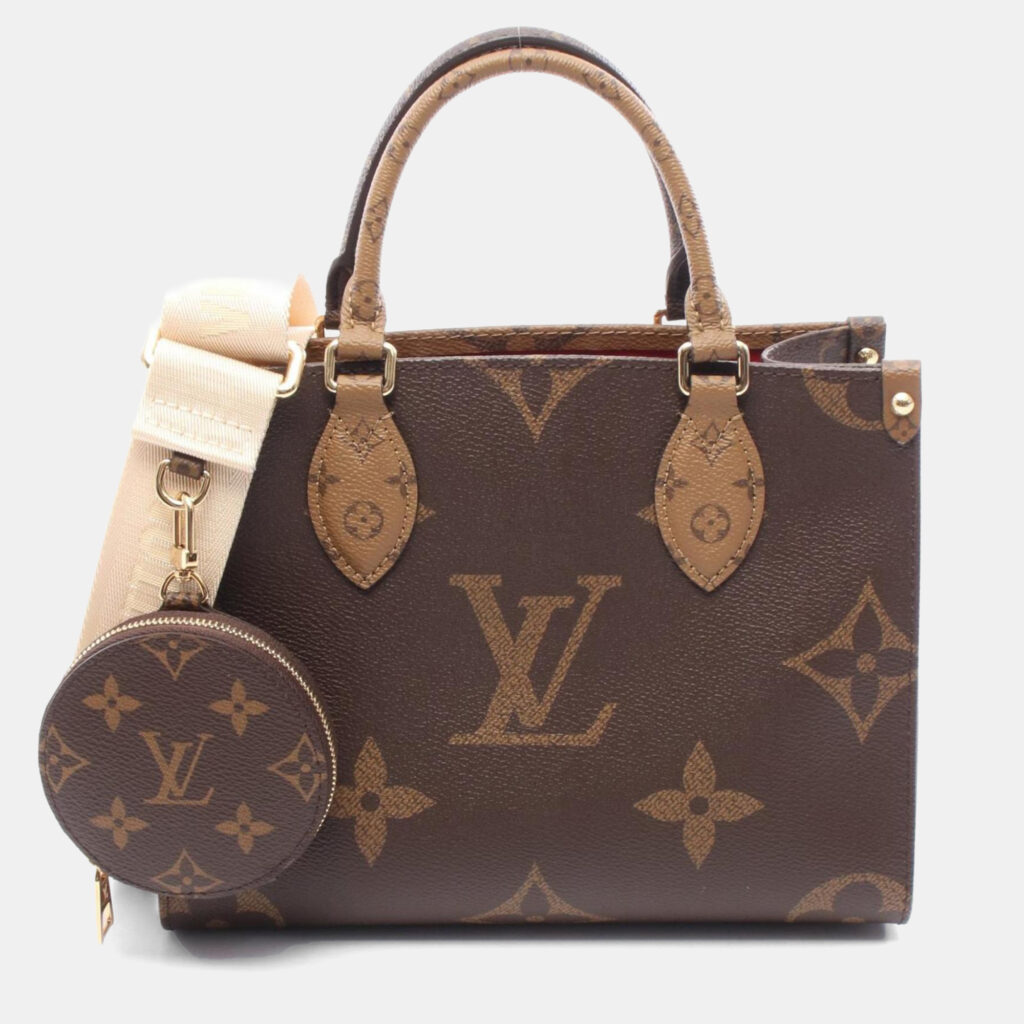 Louis Vuitton On The Go Monogram Giant Reverse PM Brown Beige Coated Canvas Tote Bag Louis Vuitton On The Go Monogram Giant Reverse PM Brown Beige Coated Canvas Tote Bag