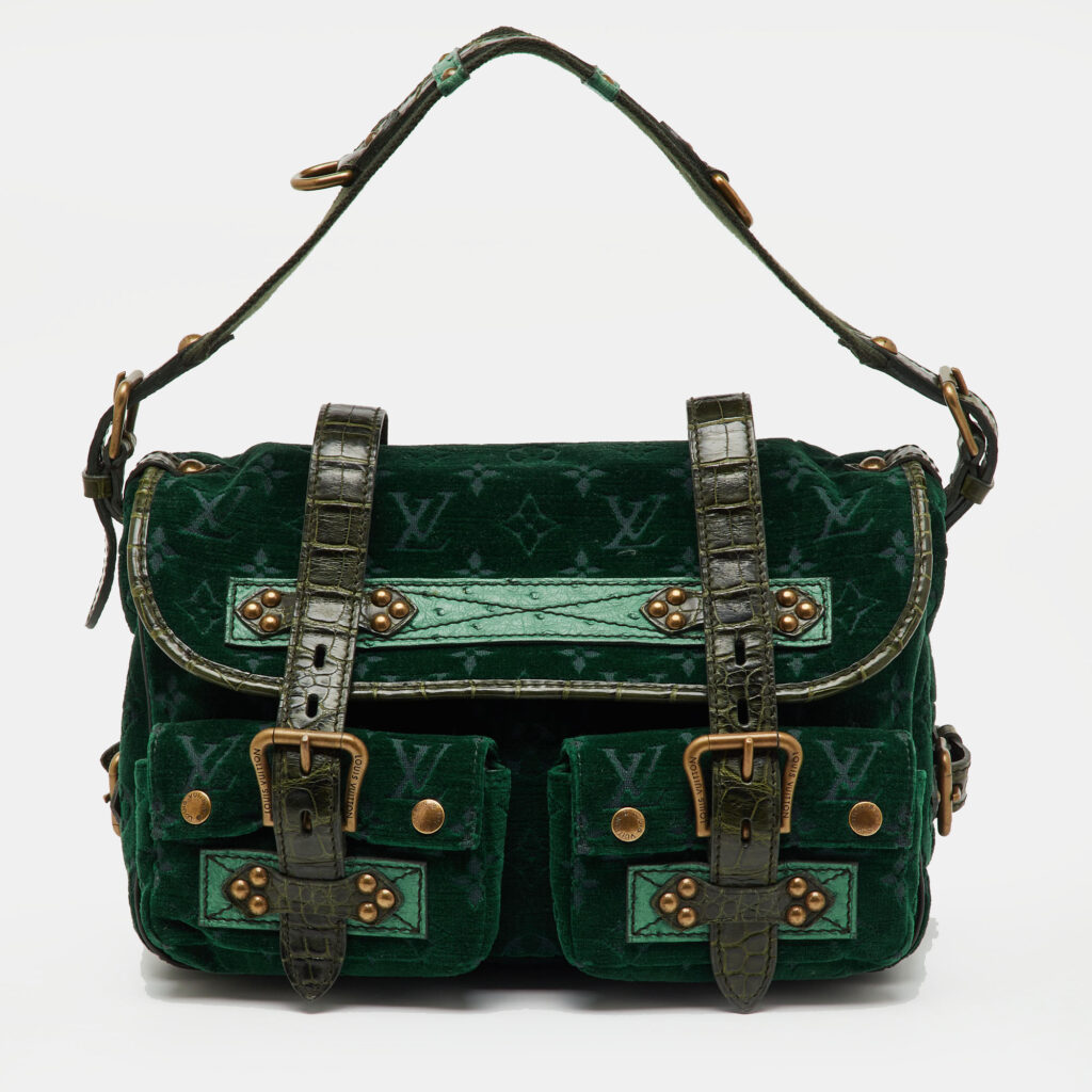 Louis Vuitton Green Monogram Velour Alligator and Ostrich-Trimmed Clyde Bag Louis Vuitton Green Monogram Velour Alligator and Ostrich-Trimmed Clyde Bag