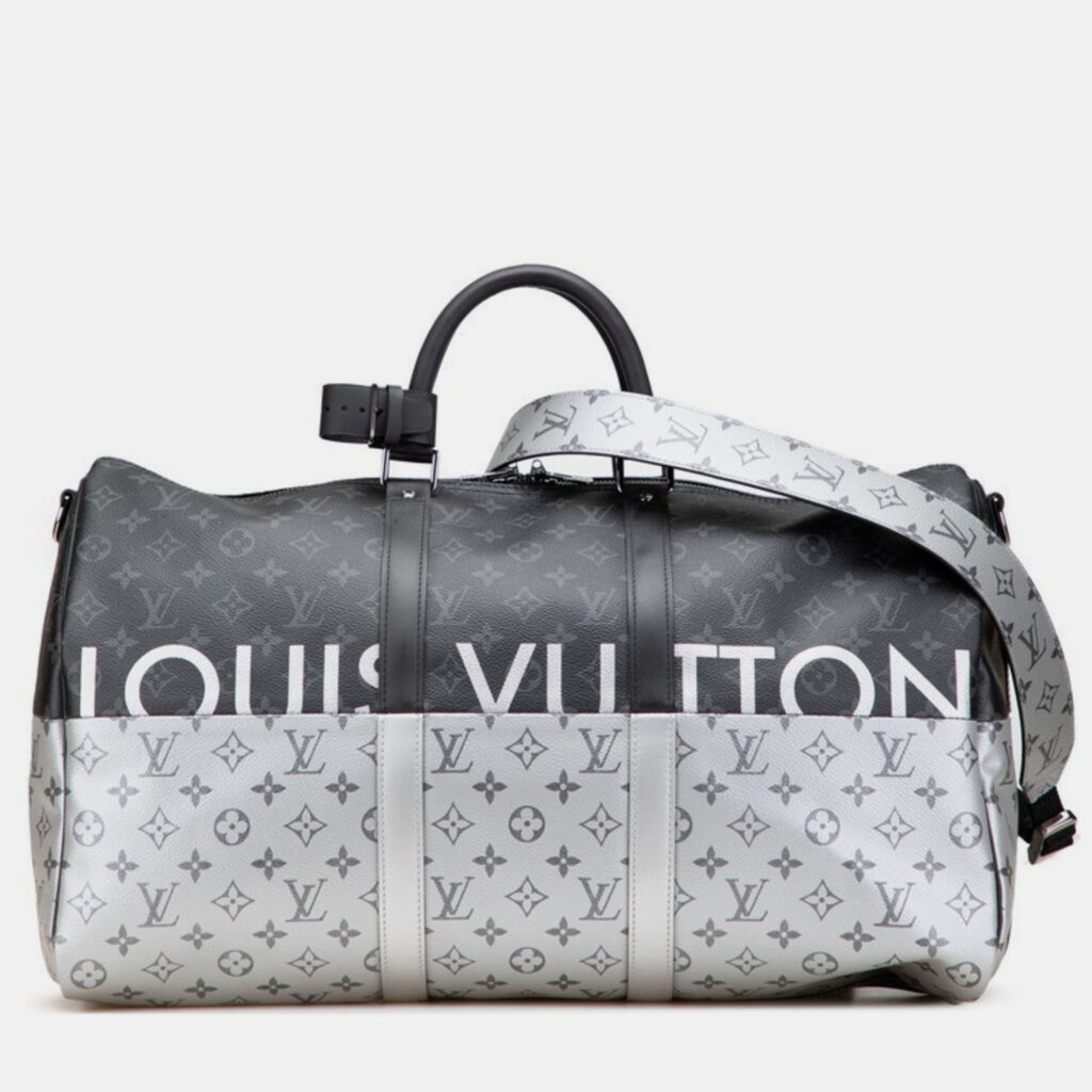 Louis Vuitton Monogram Eclipse Split Keepall Bandouliere 50 Silver Black Canvas Leather Duffel Bag Louis Vuitton Monogram Eclipse Split Keepall Bandouliere 50 Silver Black Canvas Leather Duffel Bag