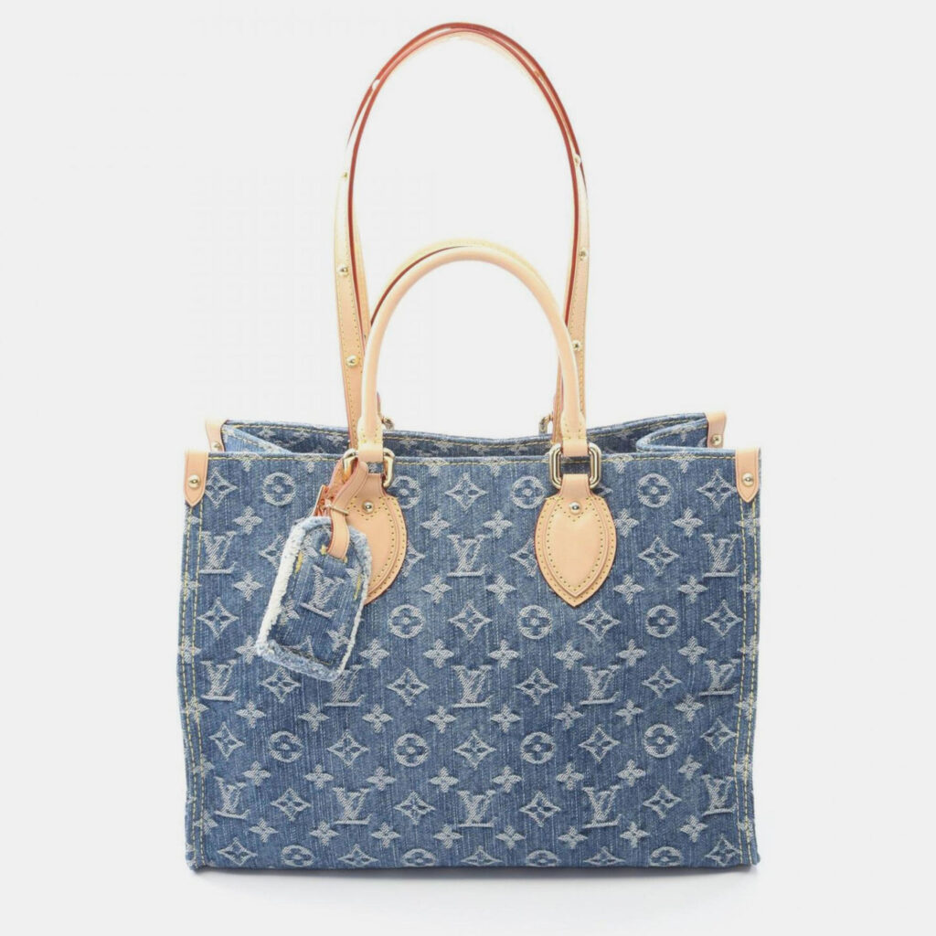 Louis Vuitton On The Go Mm Tote Bag In Monogram Denim And Leather Blue/Brown