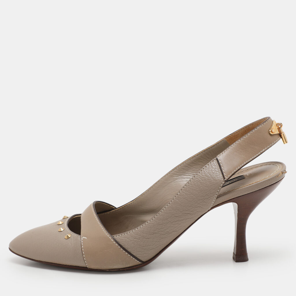 Louis Vuitton Taupe Grey Leather Lock Slingback Pumps 38 Louis Vuitton Taupe Grey Leather Lock Slingback Pumps 38
