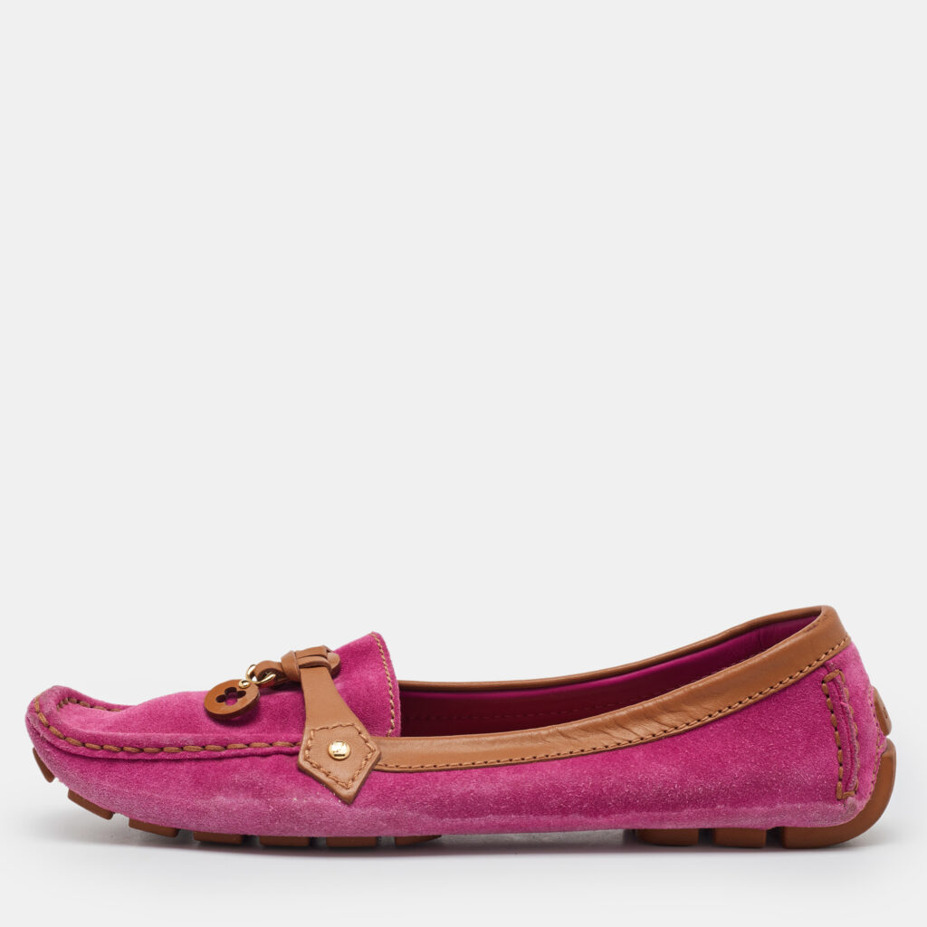 Louis Vuitton Pink/Tan Suede and Leather Charm Slip On Loafers Size 41 Louis Vuitton Pink/Tan Suede and Leather Charm Slip On Loafers Size 41