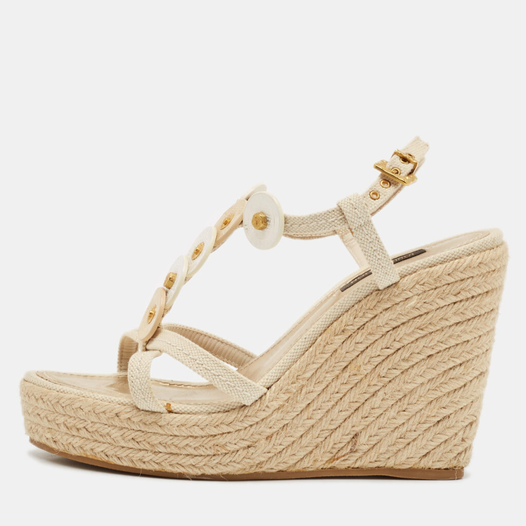 Louis Vuitton Cream Canvas Embellished Wedge Sandals Size 37.5