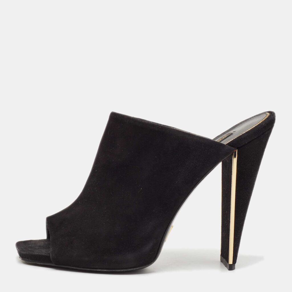 Louis Vuitton Black Suede Block Heel Mules Size 39.5