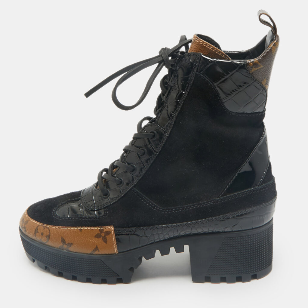 Louis Vuitton Black Suede and Monogram Canvas Laureate Desert Boots Size 39