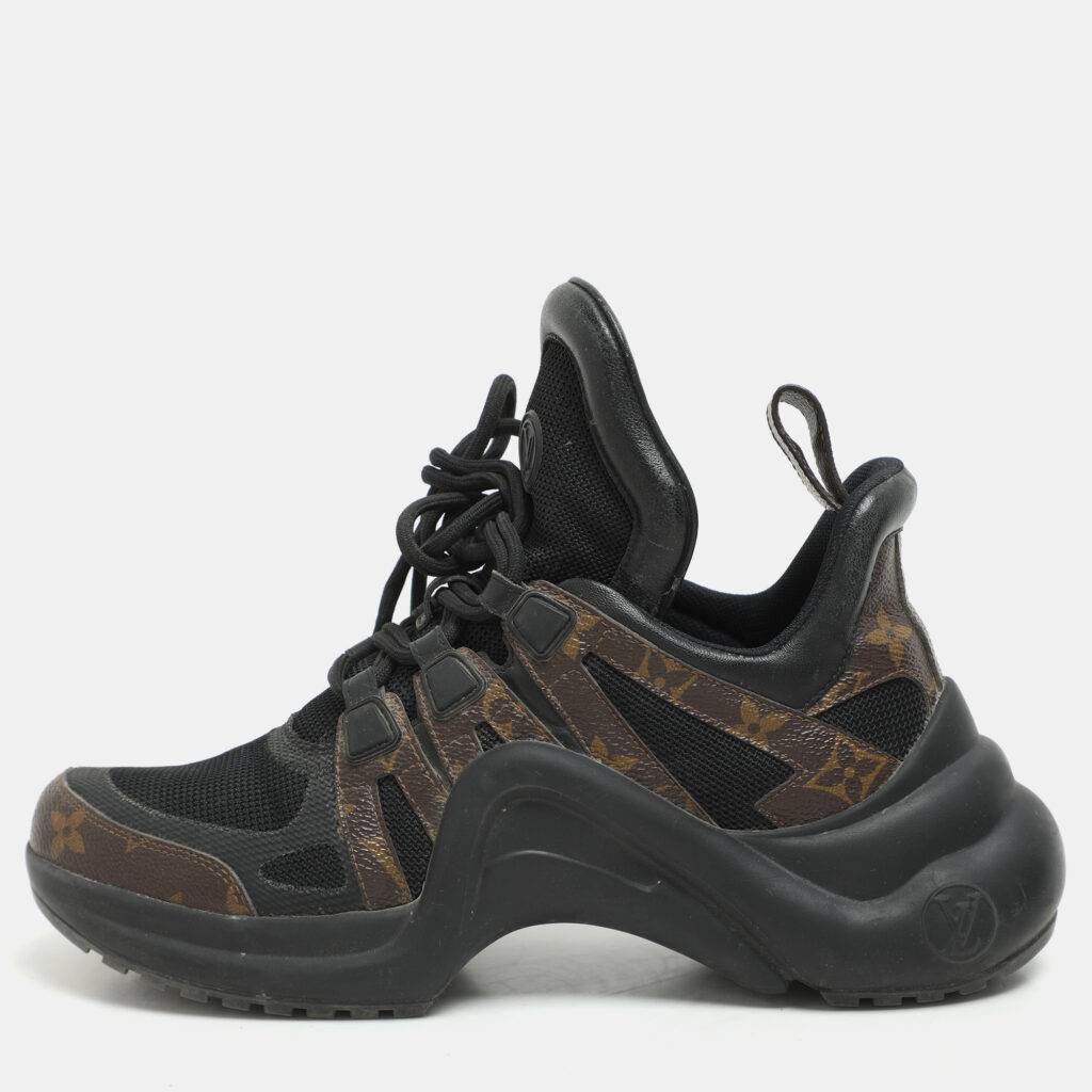 luxury-women-louis-vuitton-used-shoes-p1174551-005-1.jpg Louis Vuitton Black/Brown Satin, Mesh, Leather and Monogram Canvas Archlight Low-Top Sneakers Size 38