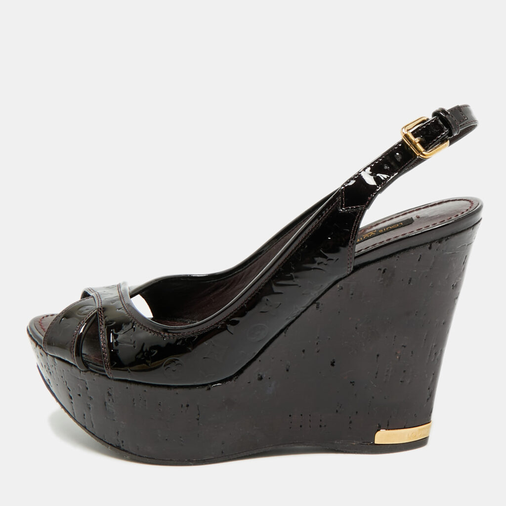 Louis Vuitton Burgundy Patent Leather Pantheon Wedge Sandals Size 37.5