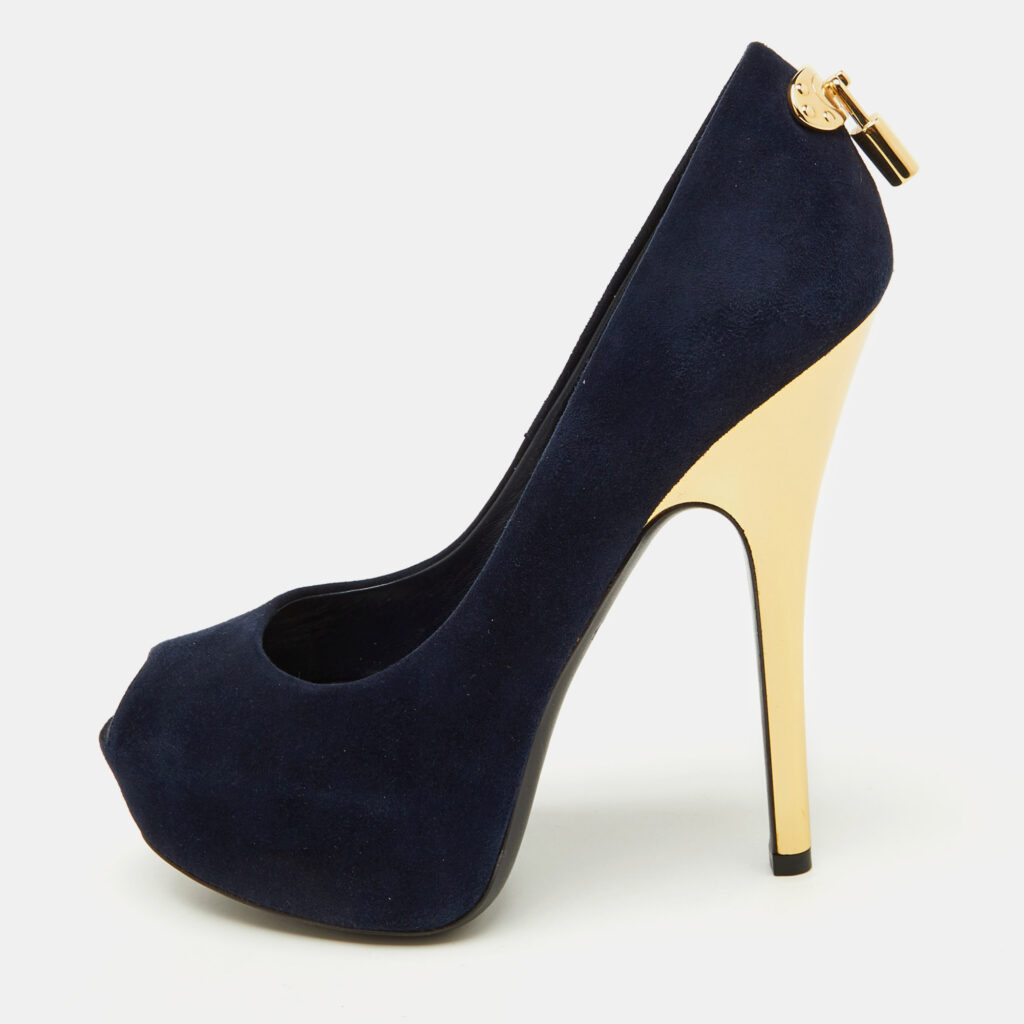 Louis Vuitton Navy Blue Suede Oh Really! Platform Peep Toe Pumps Size 36