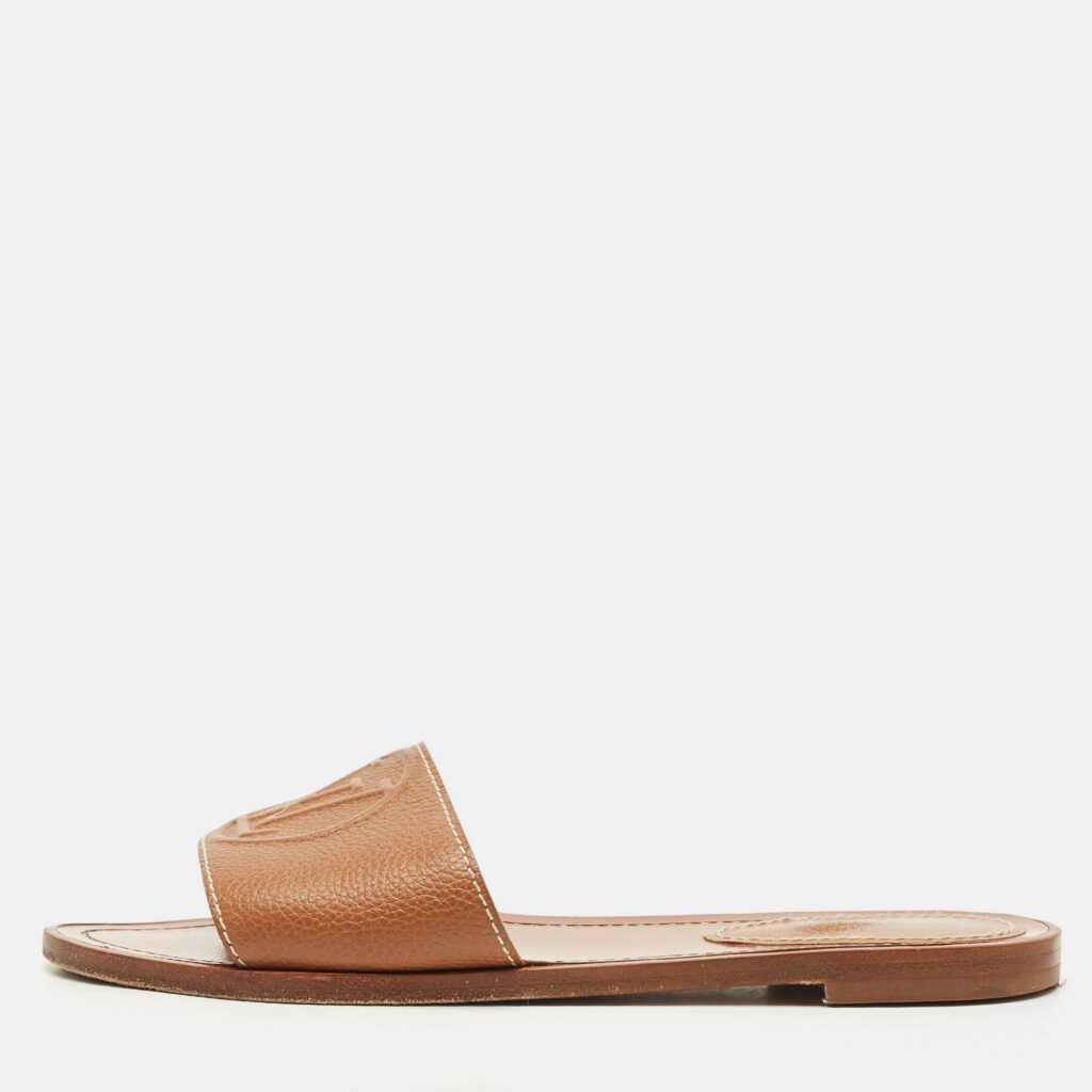Louis Vuitton Brown Leather Lock It Flat Slides Size 37 Louis Vuitton Brown Leather Lock It Flat Slides Size 37