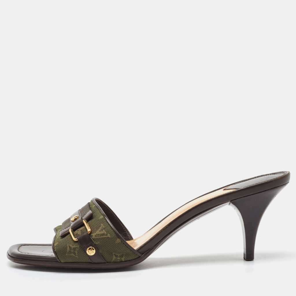Louis Vuitton Green/Brown Canvas and Leather Open Toe Slide Sandals Size 38.5