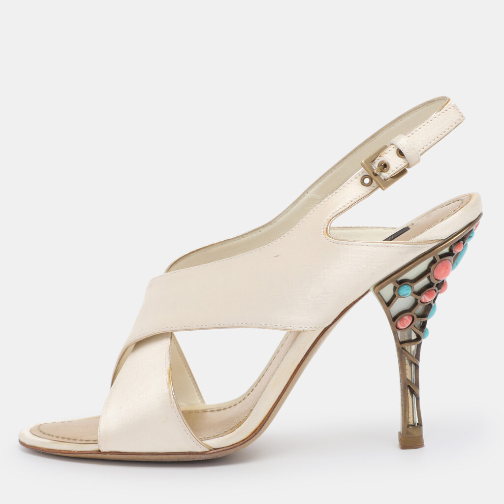 Louis Vuitton Cream Satin Cross Strap Embellished Heel Slingback Sandals Size 38.5