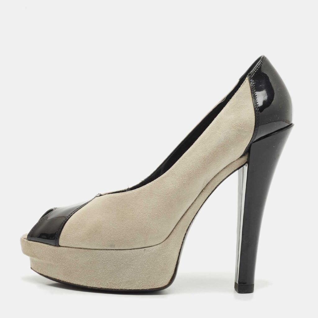 Louis Vuitton Grey/Black Suede And Patent Leather Peep Toe Platform Pumps Size 39 Louis Vuitton Grey/Black Suede And Patent Leather Peep Toe Platform Pumps Size 39