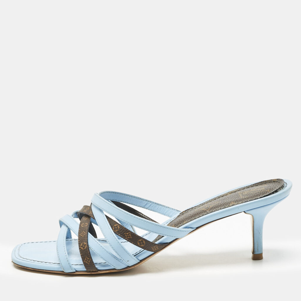 Louis Vuitton Blue/Brown Monogram Canvas and Leather Slide Sandals Size 37