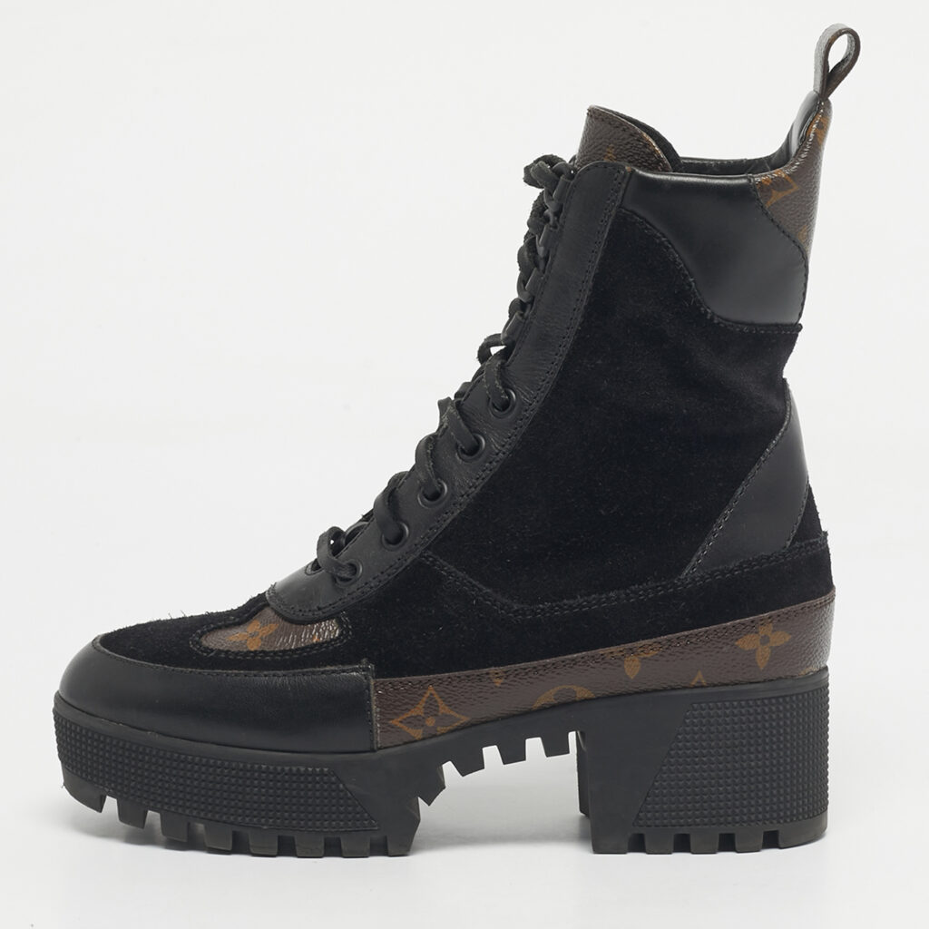 Louis Vuitton Black/Brown Monogram Canvas And Suede Laureate Platform Desert Ankle Boots Size 36