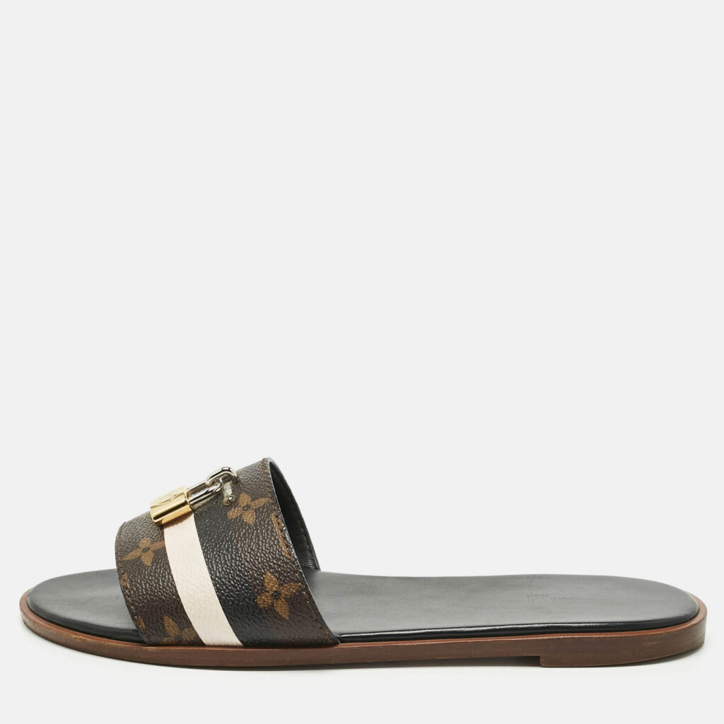 Louis Vuitton Brown Monogram Canvas Lock It Flat Slides Size 38.5 Louis Vuitton Brown Monogram Canvas Lock It Flat Slides Size 38.5