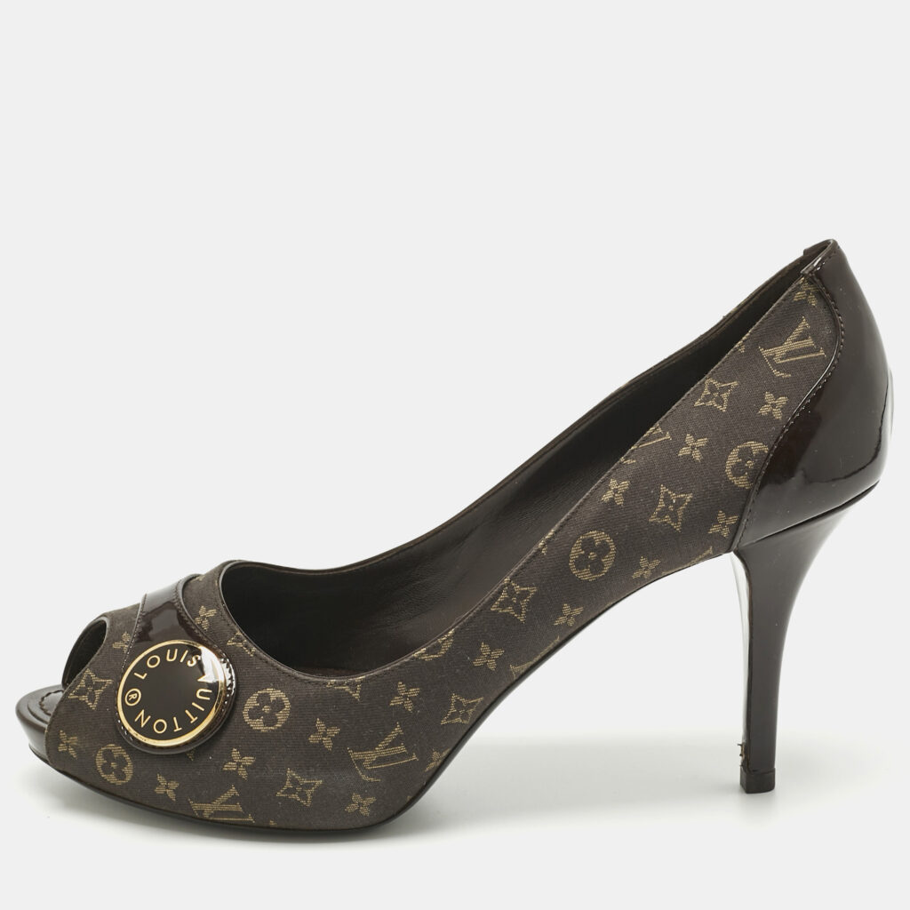 Louis Vuitton Dark Brown Monogram Canvas and Patent Leather Judy Peep-Toe Pumps Size 38.5