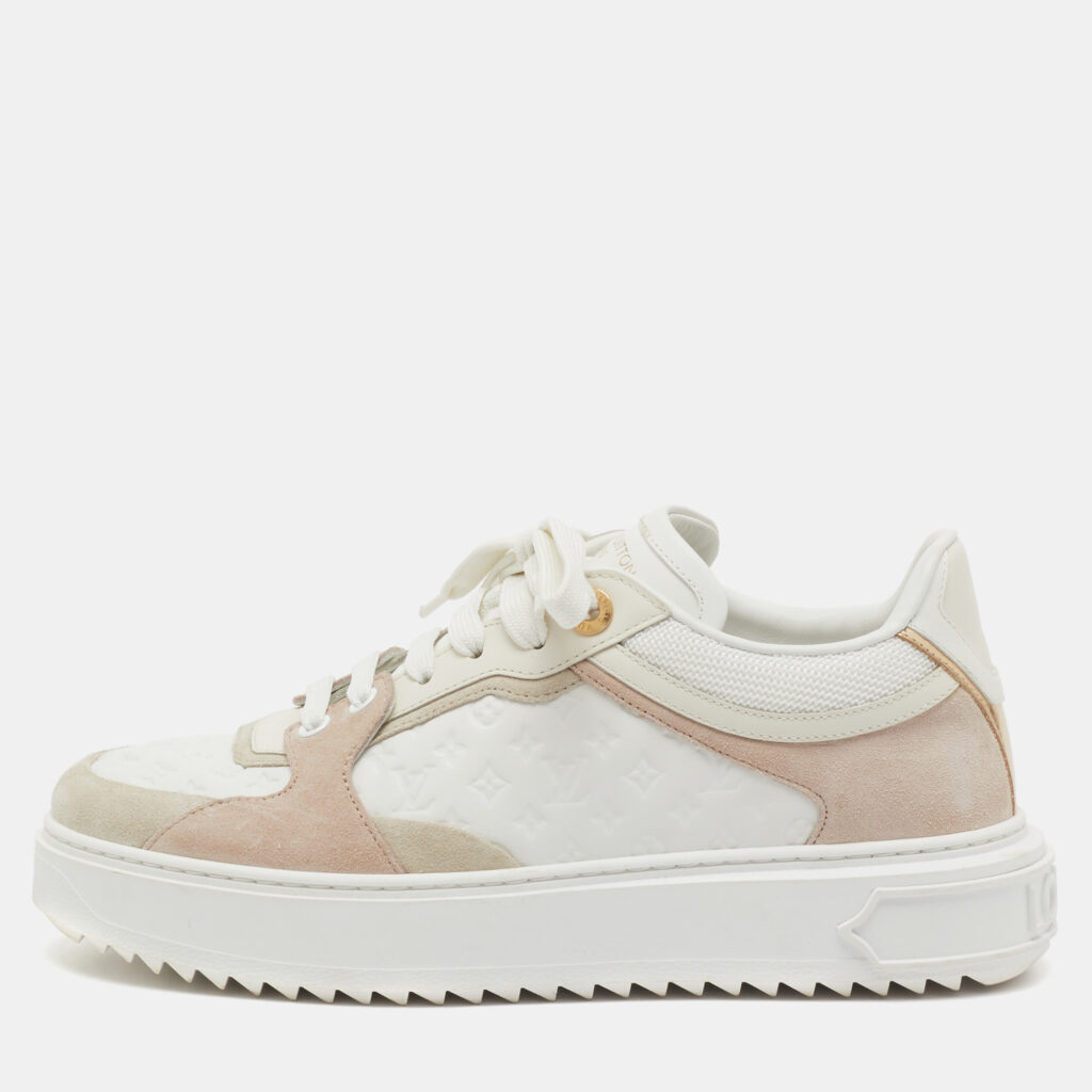 Louis Vuitton White/Beige Monogram Embossed Leather and Suede Time Out Sneakers Size 38 Louis Vuitton White/Beige Monogram Embossed Leather and Suede Time Out Sneakers Size 38