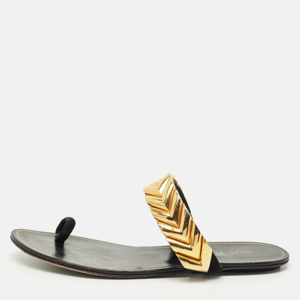 Louis Vuitton Black Suede Metal Chevron Flat Slides Size 39.5 Louis Vuitton Black Suede Metal Chevron Flat Slides Size 39.5