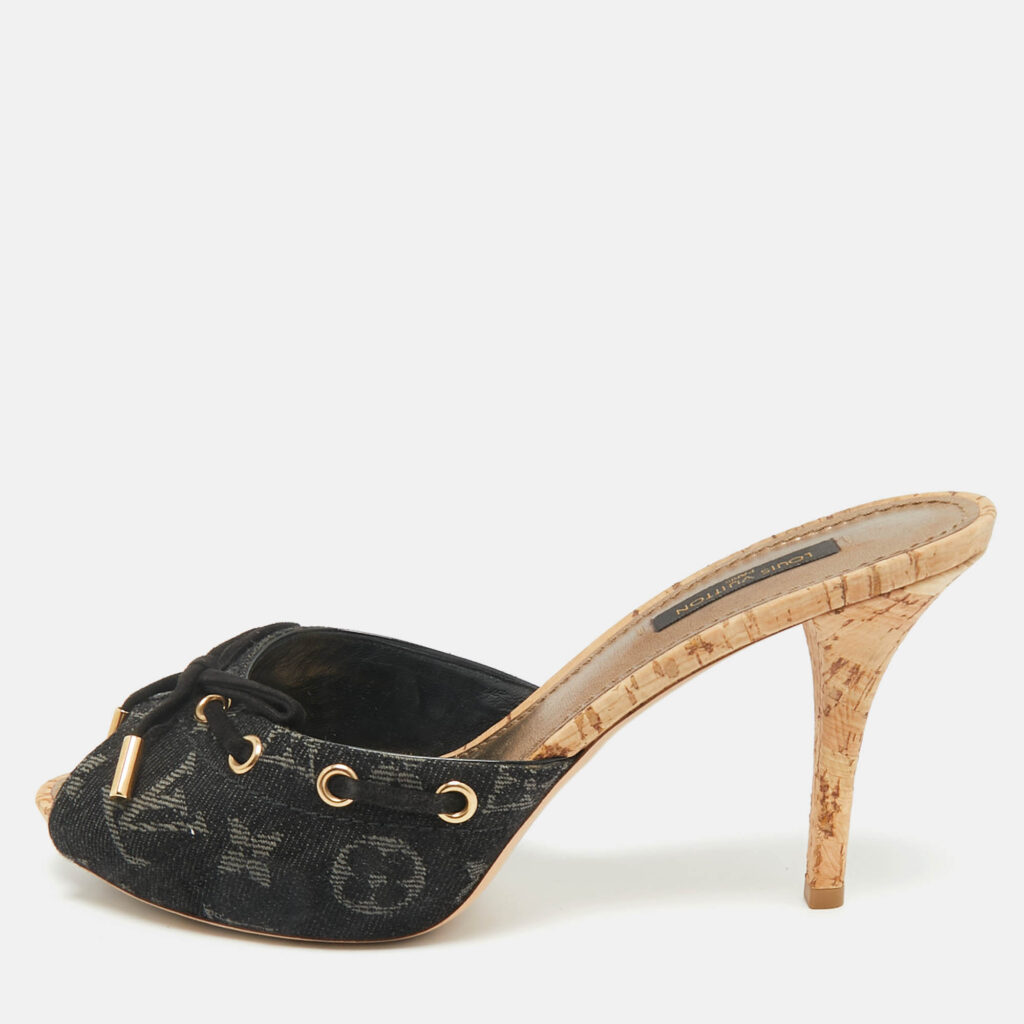 luxury-women-louis-vuitton-used-shoes-p1212452-010-1.jpg Louis Vuitton Black Monogram Denim Mules Size 37