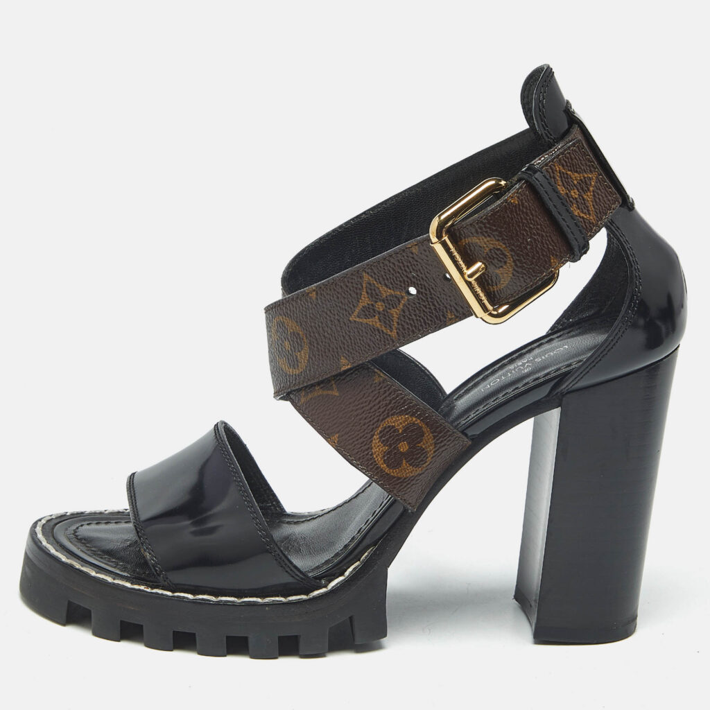 Louis Vuitton Brown/Black Monogram Canvas and Patent Cross Ankle Strap Sandals Size 36.5 Louis Vuitton Brown/Black Monogram Canvas and Patent Cross Ankle Strap Sandals Size 36.5