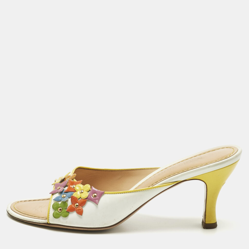 Louis Vuitton White Patent Leather Multicolor Flower Embellished Slide Sandals Size 37.5