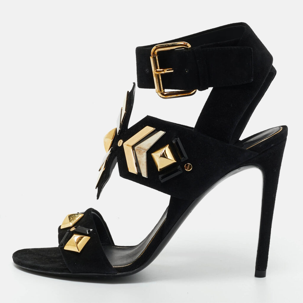 Louis Vuitton Black Suede Flower Embellished Ankle Strap Sandals Size 39.5