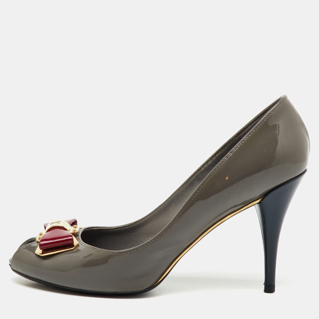 Louis Vuitton Grey Patent Leather Lou Peep Toe Pumps Size 37