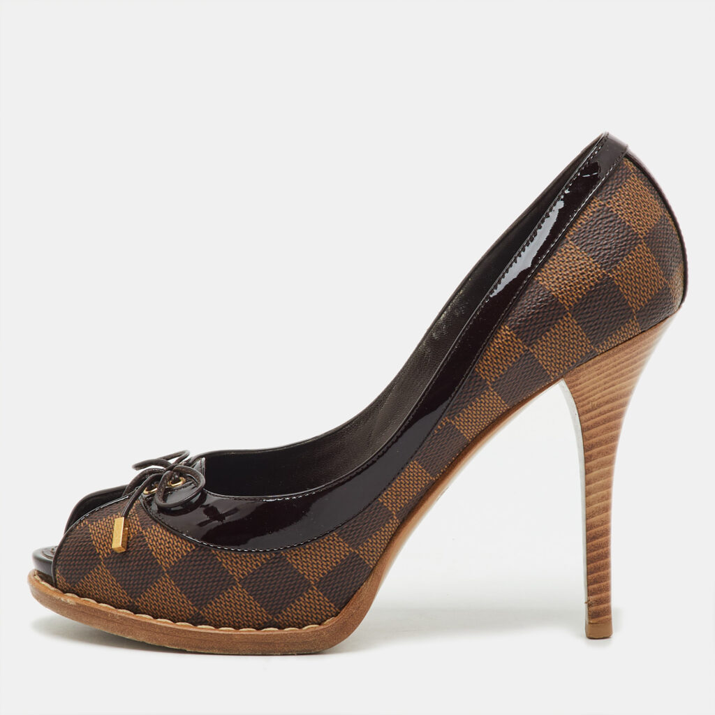 Louis Vuitton Damier Ebene Canvas Palm Beach Peep Toe Pumps Size 37